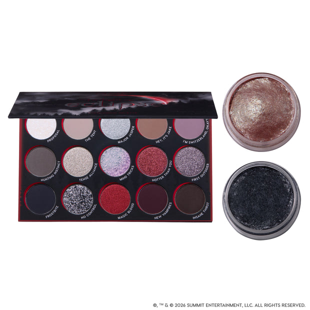 Eternal Eclipse eye trio from the Twilight collection showing an open 15-pan eyeshadow palette with shimmering neutrals, reds, and smoky shades beside two metallic cream shadows in rose gold and deep charcoal on a white background.