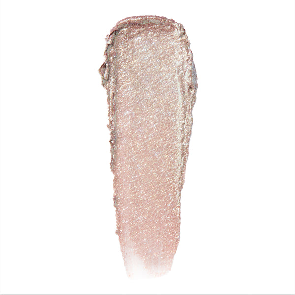 Single swatch of ColourPop Cullen Coven Jelly Much Shadow, a shimmering pale champagne-pink cream eyeshadow with fine glitter reflecting multicolor sparkles, shown in a thick streak on a white background for the Twilight collection.