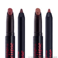 Immortal Kiss Lippie Stix Duo from the Twilight collection standing upright against a white background, showing two creamy mauve-brown lipstick crayons and two matching liners in sleek black tubes with red Eclipse branding.
