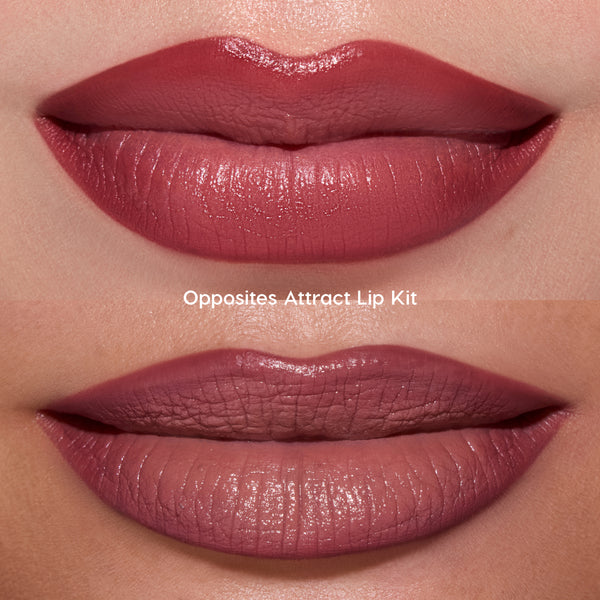 Close-up of two sets of lips wearing the Just Bitten lip trio from the Twilight collection, showing glossy deep berry on the top lip look and soft matte mauve on the bottom, highlighting the Opposites Attract Lip Kit finish and color payoff.