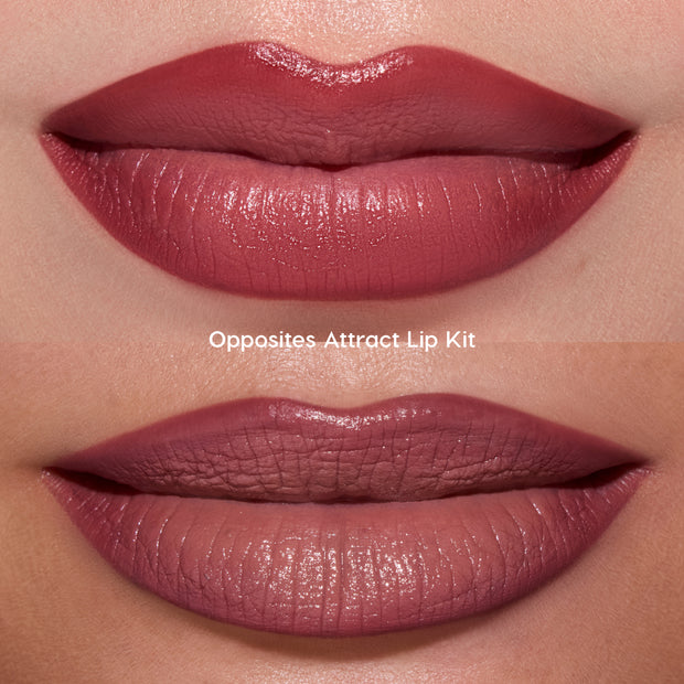 Close-up of two sets of lips wearing the Just Bitten lip trio from the Twilight collection, showing glossy deep berry on the top lip look and soft matte mauve on the bottom, highlighting the Opposites Attract Lip Kit finish and color payoff.