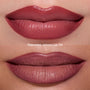 Close-up of two sets of lips wearing the Just Bitten lip trio from the Twilight collection, showing glossy deep berry on the top lip look and soft matte mauve on the bottom, highlighting the Opposites Attract Lip Kit finish and color payoff.
