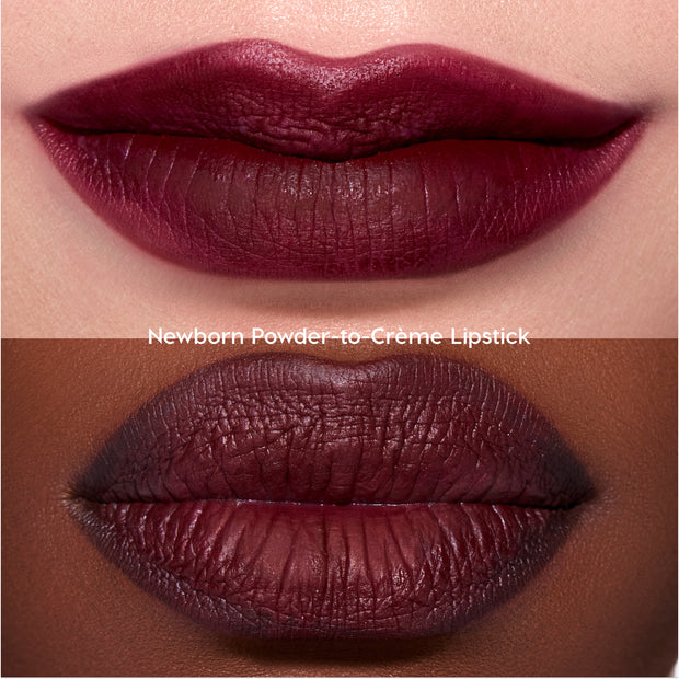 Two close-up shots of lips wearing the Just Bitten lip trio in a deep vampy berry shade, showing smooth, velvety payoff on different skin tones, promoting the Twilight-inspired lipstick finish for US beauty lovers.