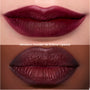Two close-up shots of lips wearing the Just Bitten lip trio in a deep vampy berry shade, showing smooth, velvety payoff on different skin tones, promoting the Twilight-inspired lipstick finish for US beauty lovers.