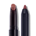 Opposites Attract Lippie Stix in a Twilight-inspired mauve nude shade shown uncapped side by side, with the creamy lipstick bullet and matching pointed pencil tip against a clean white background for detailed product close-up.