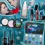 Twilight x ColourPop Full Collection set featuring shimmery eyeshadow palette, highlighters, glitter eyeliners, SOS setting spray, and Lux lip oils arranged on a teal background with Twilight movie scenes and heart doodles, promoting Twilight ColourPop makeup.