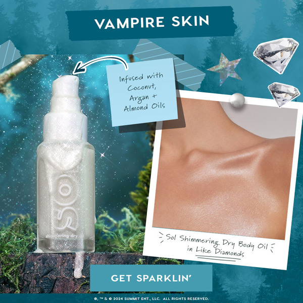 ColourPop SOL Shimmering Dry Oil in Like Diamonds, a pearly white pump bottle, illuminates skin with a diamond-like sparkle - shown on a glowing collarbone - infused with coconut, argan, and almond oils against a moody forest backdrop.