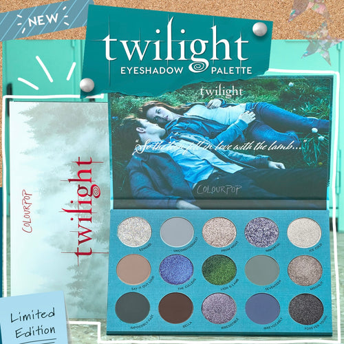 ColourPop Twilight Shadow Palette open to reveal 16 cool‑toned mattes and shimmers - shade names like Edward, Bella, and Lion & Lamb - in a teal case with a romantic meadow scene inside the lid; limited edition eyeshadow palette.