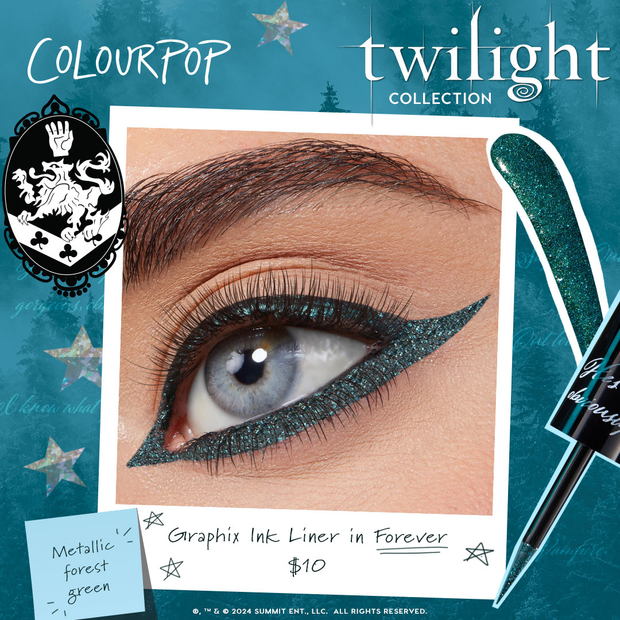 Metallic forest green winged liner defines a close-up eye using ColourPop Graphix Ink Liner in Forever, creating a sharp, sparkly cat-eye from the Twilight Collection, with the brush applicator shown against a teal, starry backdrop.