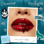 High-shine red lips showcase ColourPop Lux Lip Oil in Bells, gloss dripping from the lower lip; Twilight Collection promo background with wolf and truck graphics highlights infusion of calendula and chamomile oils, $11.