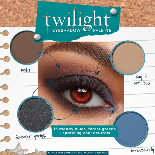 Twilight Shadow Palette creates a smoky blue eye look on a close-up eye, using shades Bella (taupe), Say It Out Loud (beige), Forever Young (charcoal shimmer), and Irrevocably (denim blue); ColourPop Shadow Palette with 15 moody blues, greens, and cool neutrals.