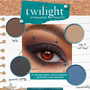 Twilight Shadow Palette creates a smoky blue eye look on a close-up eye, using shades Bella (taupe), Say It Out Loud (beige), Forever Young (charcoal shimmer), and Irrevocably (denim blue); ColourPop Shadow Palette with 15 moody blues, greens, and cool neutrals.