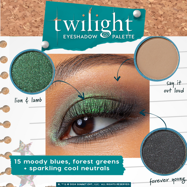 Shimmery emerald eye wears a gradient using the Twilight ColourPop Shadow Palette - Lion & Lamb, Say It Out Loud, and Forever Young - showcasing moody blues, forest greens, and sparkling cool neutrals against a scrapbook-style backdrop.