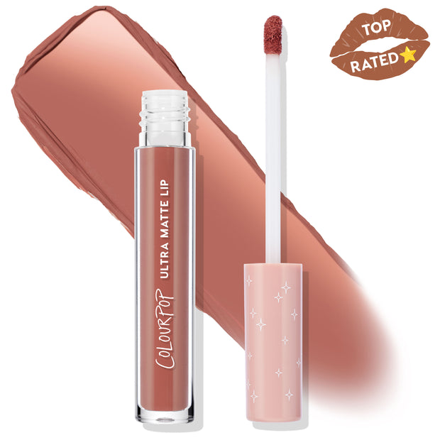ColourPop Ultra Matte Lip in Fifth Avenue shown with doe-foot applicator open beside a large warm rosy nude swatch, clear tube labeled Ultra Matte Lip, starry peach cap, and a Top Rated lip-print badge.