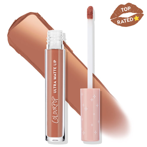 ColourPop Ultra Matte Lip Double Date displayed with the tube open and doe-foot applicator, a warm terracotta nude matte swatch behind, pink cap with white stars, and a Top Rated badge on a clean white background.