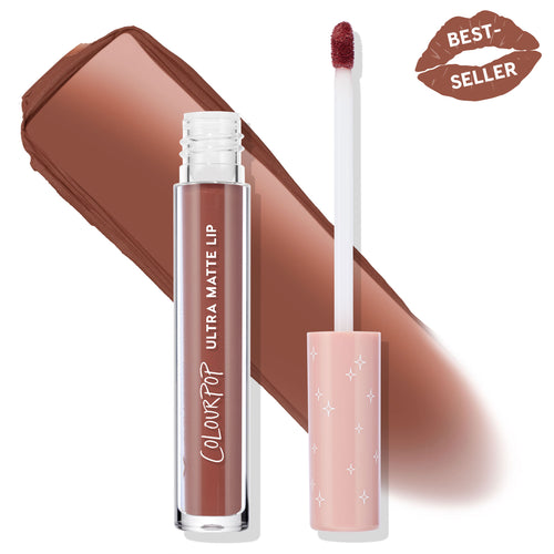 ColourPop Beeper Ultra Matte Lip displays a rosy brown liquid lipstick swatch with the clear tube and uncapped doe‑foot applicator, pink cap with white stars, and a “Best‑Seller” lips badge on a white background.