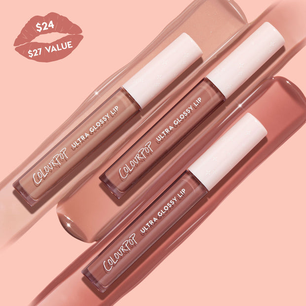 Three ColourPop Ultra Glossy Lip tubes in Cool Nudes lie diagonally across glossy nude swatches, showing sheer beige to rosy mauve shades with white caps on a peach backdrop, with a $24 ($27 value) promo badge.