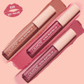 ColourPop Ultra Blotted Lip Pink Plz trio shows three tubes laid diagonally with nude, rose, and berry swatches on a blush-pink background; pale caps with star accents and a lip-shaped $24/$27 value badge highlight the soft-matte Ultra Blotted Lip set.