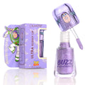 Shimmering lavender lip gloss with applicator lifted from open bottle, set beside purple Buzz Lightyear Toy Story box; ColourPop Ultra Glossy Lip “Buzzin’ About,” 3.5g/0.12oz, high-shine, glitter finish for glossy lips.
