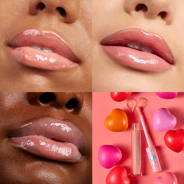 One Kiss ColourPop Ultra Glossy Lip coats lips with a high-shine peachy‑pink nude, shown on three lip close-ups across diverse skin tones; an open gloss tube with doe‑foot applicator lies on a pink backdrop with heart props.