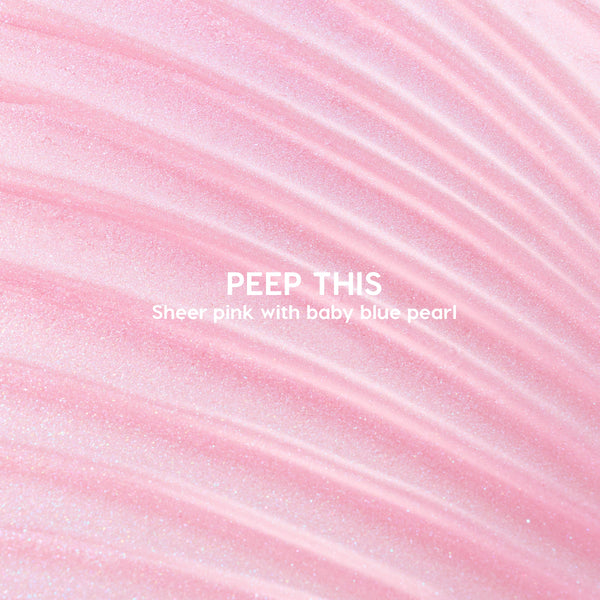 Peep This ColourPop Ultra Glossy Lip swatch showing sheer pink gloss with baby-blue pearl shimmer rippling in curved streaks, with the product name centered in white type.