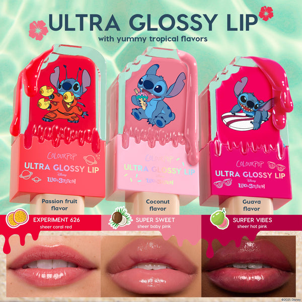 Super Sweet ColourPop Ultra Glossy Lip showcases a sheer baby pink, coconut‑flavored gloss, displayed in popsicle‑style packaging with Stitch art and shown swatched on lips with a high‑shine finish beside other Lilo & Stitch tropical shades.