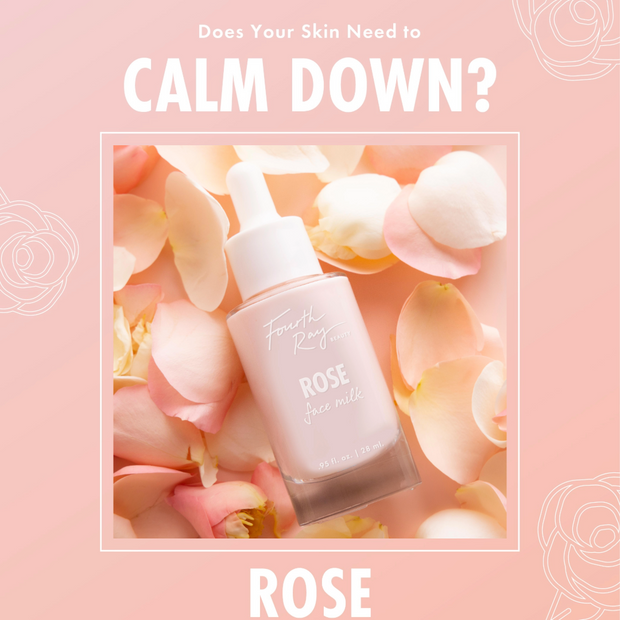 Pink glass dropper bottle of Fourth Ray Beauty Rose Face Milk (ColourPop Face Milk) tilts amid scattered rose petals on a blush backdrop, labeled 0.95 fl oz/28 ml, highlighting a soft pink, floral-themed skincare product.