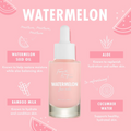 Fourth Ray Beauty Watermelon Face Milk - pale pink hydrating face milk in a dropper bottle - centered on a pink backdrop with watermelon graphics and ingredient callouts: watermelon seed oil, aloe, bamboo milk, cucumber water; 0.95 fl oz; ColourPop Face Milk.