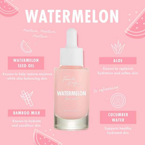 Fourth Ray Beauty Watermelon Face Milk - pale pink hydrating face milk in a dropper bottle - centered on a pink backdrop with watermelon graphics and ingredient callouts: watermelon seed oil, aloe, bamboo milk, cucumber water; 0.95 fl oz; ColourPop Face Milk.