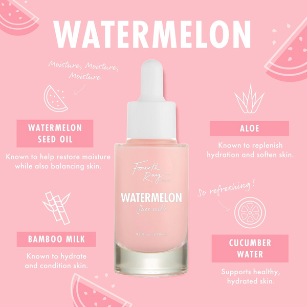 Fourth Ray Beauty Watermelon Face Milk - pale pink hydrating face milk in a dropper bottle - centered on a pink backdrop with watermelon graphics and ingredient callouts: watermelon seed oil, aloe, bamboo milk, cucumber water; 0.95 fl oz; ColourPop Face Milk.