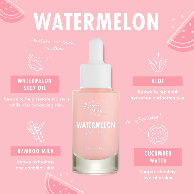 Fourth Ray Beauty Watermelon Face Milk - pale pink hydrating face milk in a dropper bottle - centered on a pink backdrop with watermelon graphics and ingredient callouts: watermelon seed oil, aloe, bamboo milk, cucumber water; 0.95 fl oz; ColourPop Face Milk.