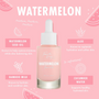Fourth Ray Beauty Watermelon Face Milk - pale pink hydrating face milk in a dropper bottle - centered on a pink backdrop with watermelon graphics and ingredient callouts: watermelon seed oil, aloe, bamboo milk, cucumber water; 0.95 fl oz; ColourPop Face Milk.