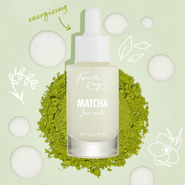 Fourth Ray Beauty Matcha Face Milk frosted glass bottle with dropper standing on a pile of vibrant matcha powder, surrounded by milky serum drops and leaf doodles on a pale green backdrop, showcasing its energizing formula, 0.95 fl oz/28 mL ColourPop Face Milk.