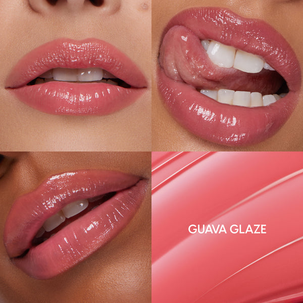 Close-up collage of three models’ lips wearing Guava Glaze So Juicy Plumping Gloss Balm with Peptides, showing shiny pink hydration and smooth texture beside a swatch of the glossy formula, promoting lip gloss & lip oil finish.