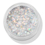 Ur A Firework ColourPop Glitter Gel sparkles with holographic silver micro-glitter and pastel star confetti, filling a clear round jar; top-down close-up shows the iridescent gel’s multidimensional shine on a white background.