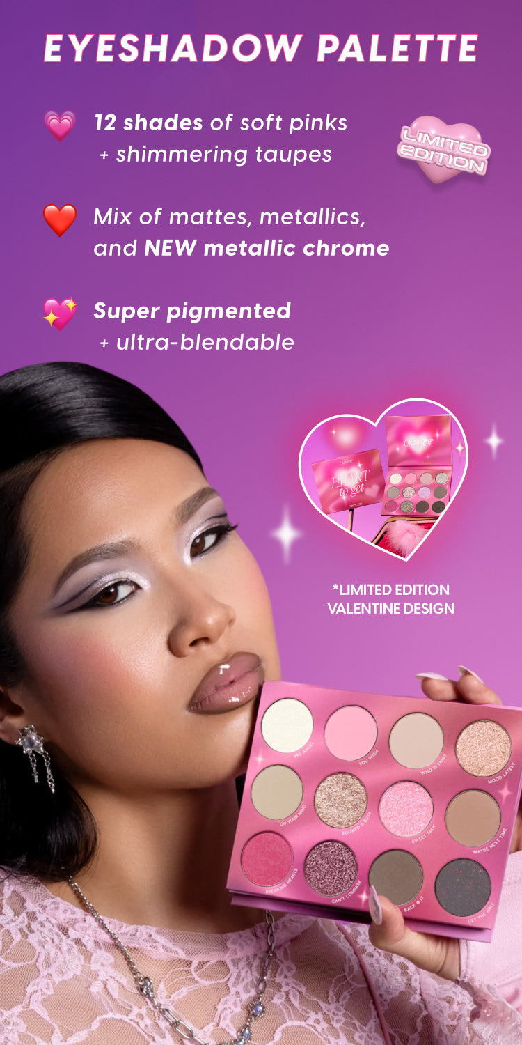 Model holding a pink 12-shade eyeshadow palette in soft pinks and shimmering taupes, showing matte, metallic, and metallic chrome finishes against a purple Valentine’s Day limited edition promotional background.