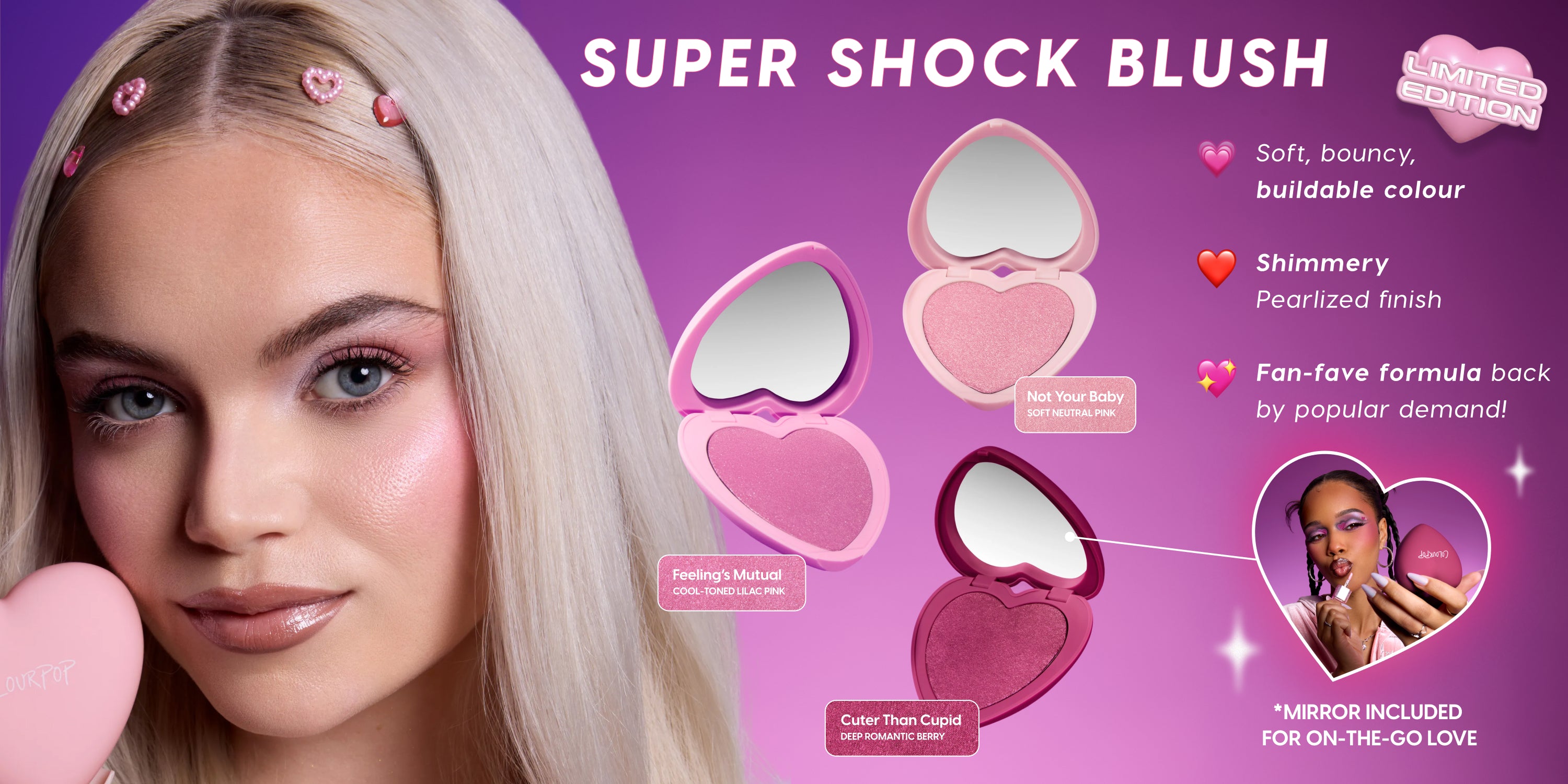 ColourPop Super Shock Blush limited edition Valentine’s Day collection displayed with three open heart-shaped compacts in pink, berry, and soft neutral shades beside models wearing shimmery, buildable blush on a purple gradient background.