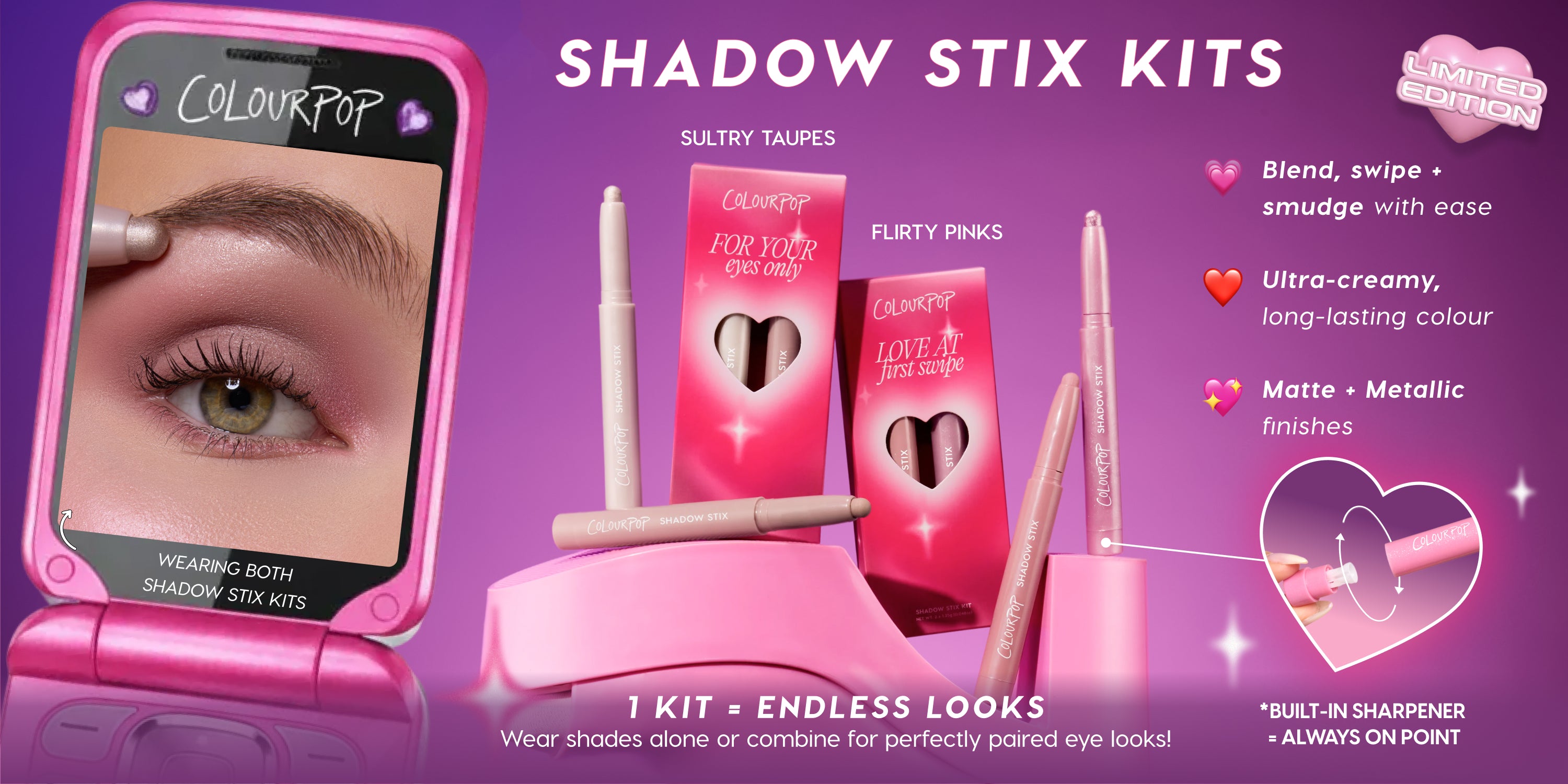 ColourPop Shadow Stix Kits displayed on a pink and purple gradient background, showing sultry taupe and flirty pink cream eyeshadow sticks in heart-cutout boxes, a close-up of shimmery pink eye makeup, and callouts for blendable, long-lasting matte and metallic finishes with built-in sharpener.