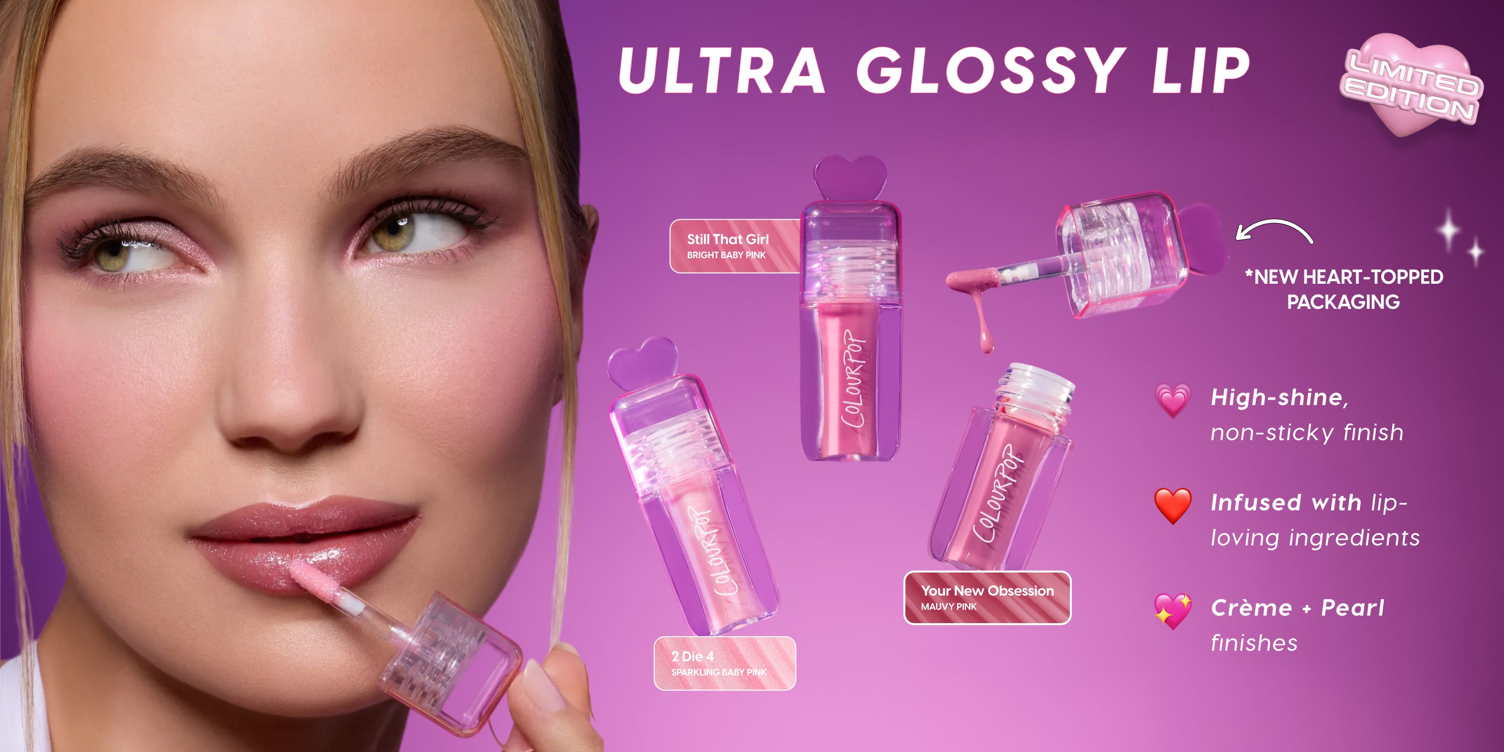 Woman applying ColourPop Ultra Glossy Lip in pink shade with heart-topped wand, surrounded by floating tubes of the limited edition lip gloss in bright baby pink, sparkling baby pink, and mauvy pink against a purple background with product benefits listed.