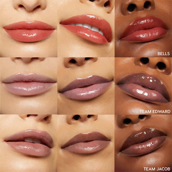 Glossy lips showcase three lip oil shades - Bells (warm red), Team Edward (cool mauve), and Team Jacob (deep cocoa) - applied across diverse skin tones in a 3x3 grid, highlighting shine from the Twilight x ColourPop Full Collection, a ColourPop Full Collection Set.