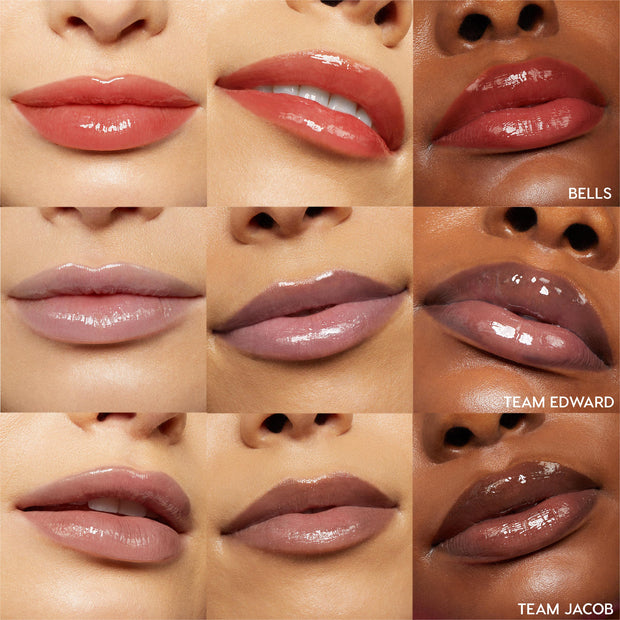 Glossy lips showcase three lip oil shades - Bells (warm red), Team Edward (cool mauve), and Team Jacob (deep cocoa) - applied across diverse skin tones in a 3x3 grid, highlighting shine from the Twilight x ColourPop Full Collection, a ColourPop Full Collection Set.