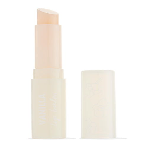 ColourPop Vanilla lip balm stick uncapped, creamy beige bullet twisted up beside a frosted translucent cap with delicate floral icons on a white studio background.