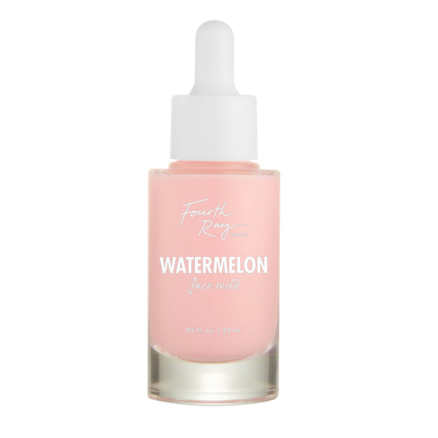 Watermelon Face Milk displayed as a pale pink serum in a frosted glass 0.95 fl oz dropper bottle labeled Fourth Ray Beauty; ColourPop Face Milk centered on a clean white studio background.