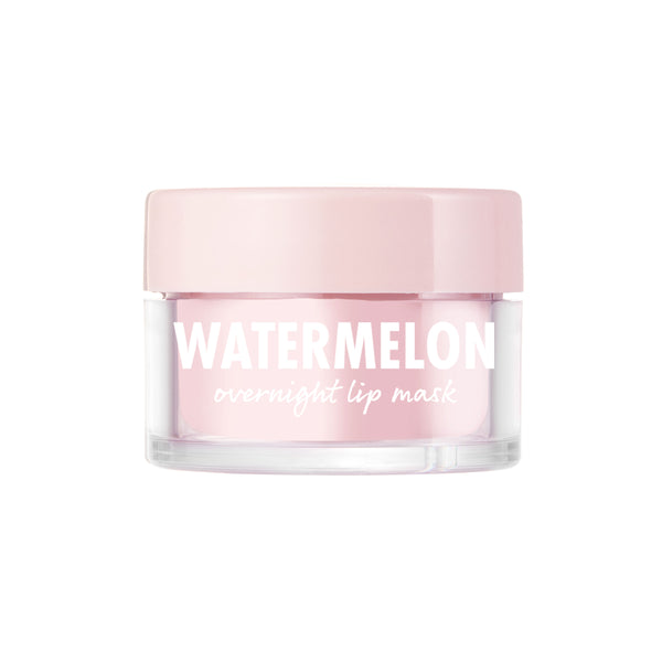 ColourPop Watermelon Lip Mask shown in a small clear glass jar with a pale pink lid, the light pink overnight formula labeled “WATERMELON” in white, sitting centered against a clean white background.