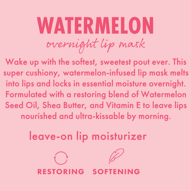 ColourPop Watermelon lip mask softening and restoring lips overnight with a leave-on, cushiony formula infused with Watermelon Seed Oil, Shea Butter, and Vitamin E; pink infographic background with icons highlighting restoring and softening benefits.