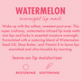 ColourPop Watermelon lip mask softening and restoring lips overnight with a leave-on, cushiony formula infused with Watermelon Seed Oil, Shea Butter, and Vitamin E; pink infographic background with icons highlighting restoring and softening benefits.