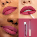 ColourPop Ultra Matte Lip You Win coats lips in rich berry‑mauve, shown in a grid on multiple skin tones with a smooth ultra matte finish; product tube and doe‑foot applicator displayed on a rosy backdrop.