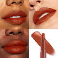 ColourPop Lippie Stix XOXO Bestie coats lips in a rich brick-red hue, shown in four close-ups across varied skin tones, with the slim Lippie Stix bullet and matching swatch on a white background.