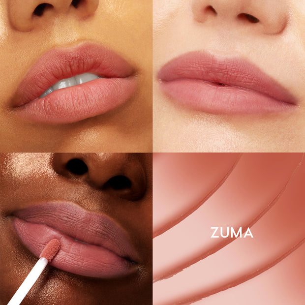 ColourPop Zuma Ultra Blotted Lip coats three close-up lips in a soft matte warm rosy nude; one lip shows a doe-foot applicator applying color, alongside a matching swatch panel labeled ZUMA in a four-square grid.