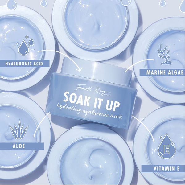 Soak It Up Hydrating Mask jar tilted amid open pots of pale blue cream, showcasing a ColourPop Face Mask by Fourth Ray Beauty; callouts highlight hyaluronic acid, aloe, marine algae, and vitamin E for dewy, hydrating skincare.